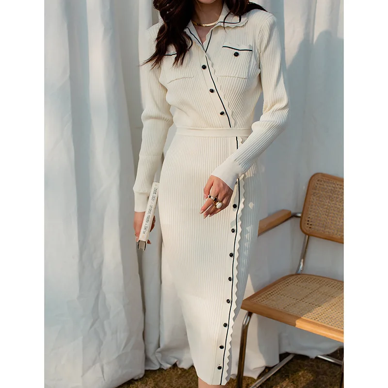 

White Color Fashion Knit Ruffles Women Long Dress Autumn Full Sleeves Elegant Good Quality Slim Fit Formal Dresses Clothes