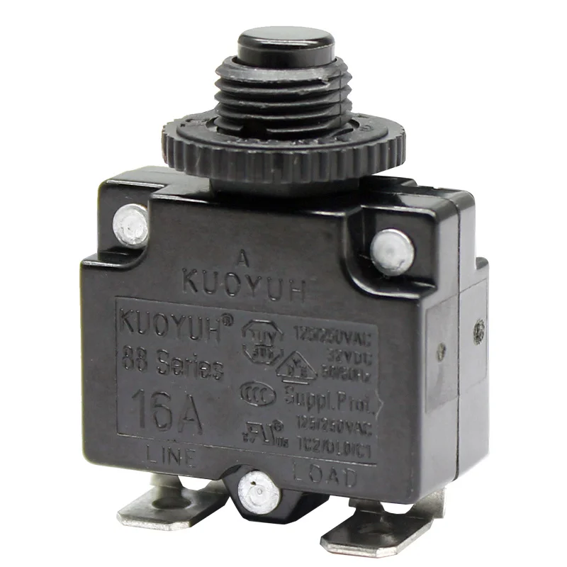 

KUOYUH 88 series 16A manual reset 90 degree bend thermal overload switch protector circuit breaker for power strips