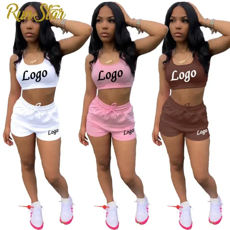 Summer Custom Logo/Text Brand Women's Shorts Set Cropped Top Sports Vest+Pocket Drawstring Shorts Two-piece Tracksuit Outfits