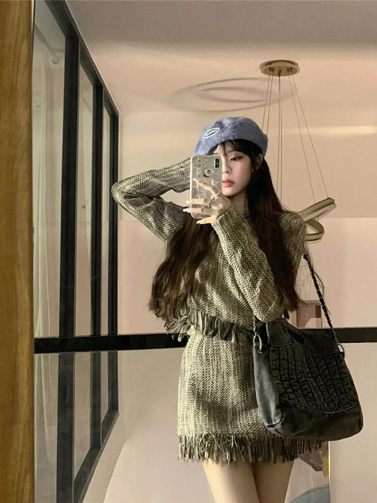 

Женский комплект из двух предметов, однотонный кардиган, пальто, юбка с бахромой, осень/зима 2022