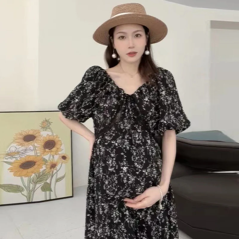 Chiffon Pregnancy Dress Printed Dress Maternity Dresses Floral Baby Shower Dress for Women Pregnant Woman