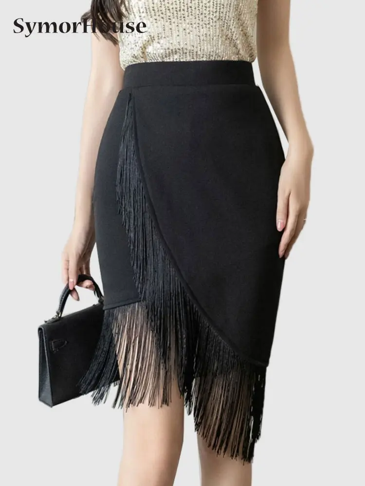 

Spring Summer Autumn Elegant Black Irregular Skirt Women Fashion High Waist Tassel Patchwork Wrap -Hips Dancing Skirt Female