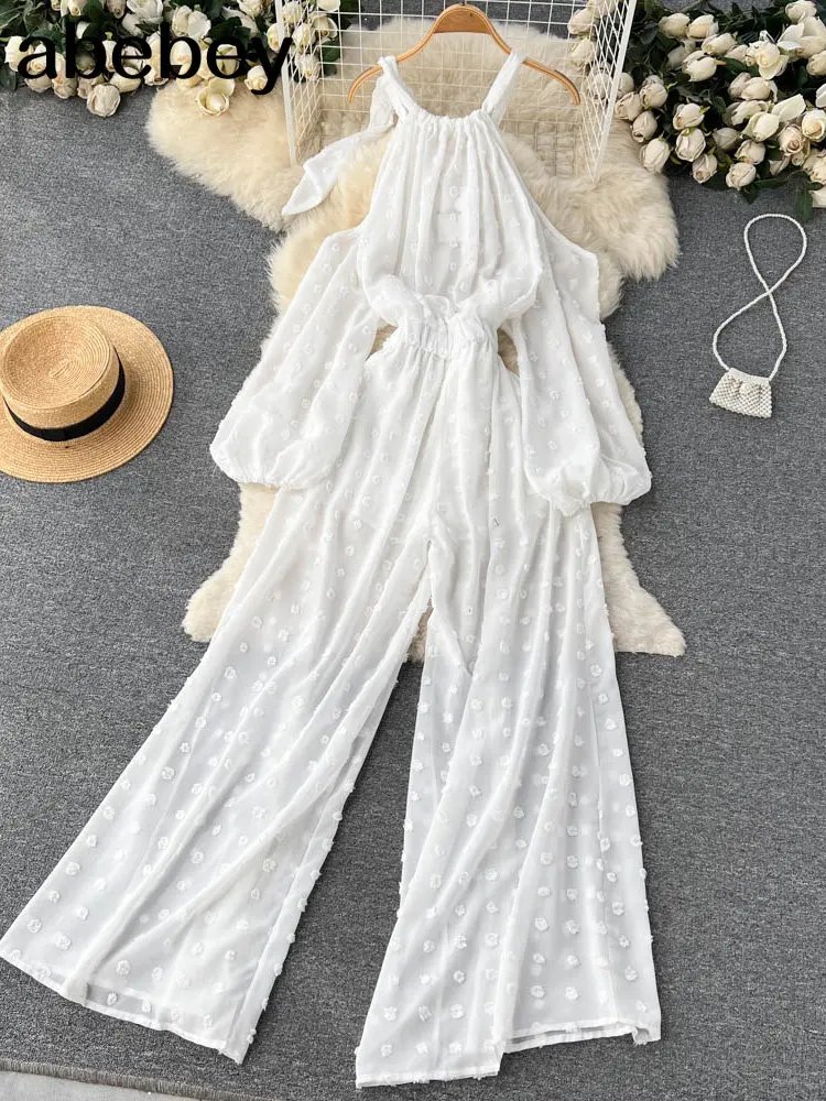 

Summer Women's Jumpsuits 2022 Fashion Solid Halter Sleeveless Hole Slim High Waist Wide Leg Full Length Rompers