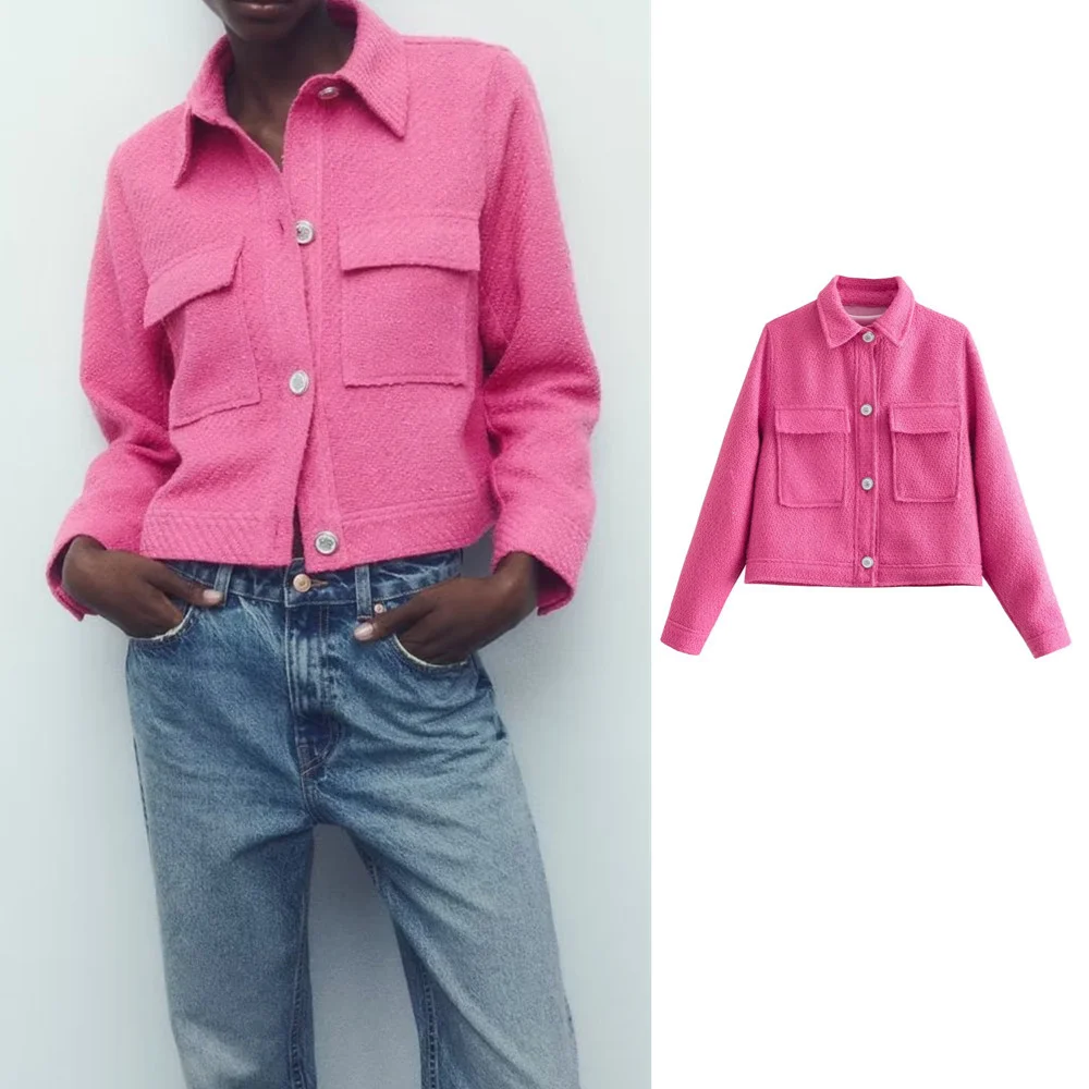 

Женская короткая куртка с декоративными карманами, Повседневная текстурированная розовая куртка с лацканами, маленькая стильная куртка для осени