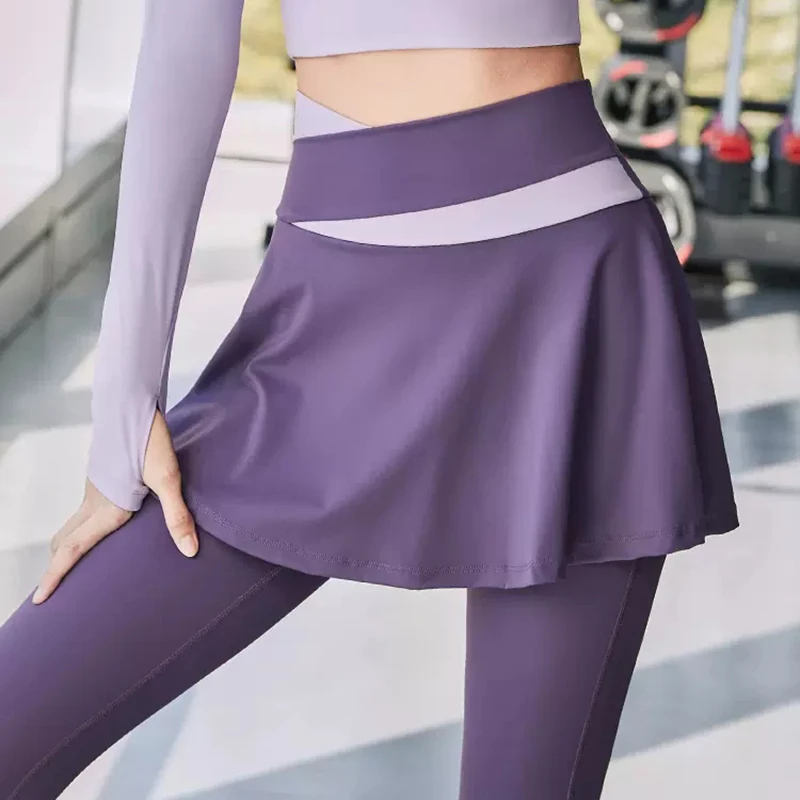 F.DYRAA Fitness Yoga Pants With Skirt Women Fake Two Pieces Sport Legging Gym Push Up Patchwork Crossover High Waist Tight Pants