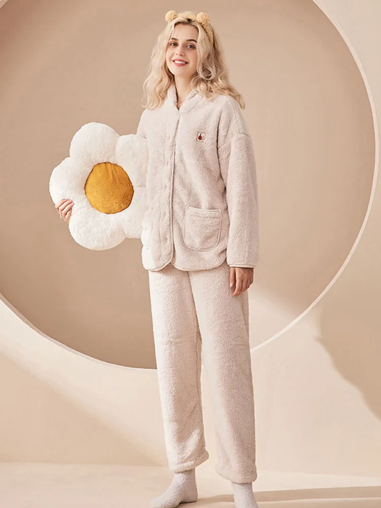 Pickbird Winter New in Women's Men Pajamas Soft Fleece Warm Couples Sets 2 Piece Button Down Pants Loungewear with Pockets