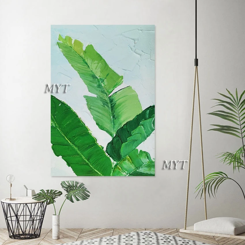 

Green Leaf Art Decor Unframed Palette Knife Style Artwork Gold Foil Abstract Idea Wall Picture Canvas Roll Paintings Decor