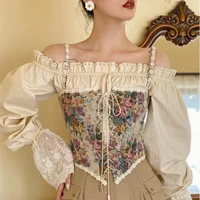 2021 women elegant designer french vintage print halter tops chic bandage floral corset shirts sexy style party club ladies top