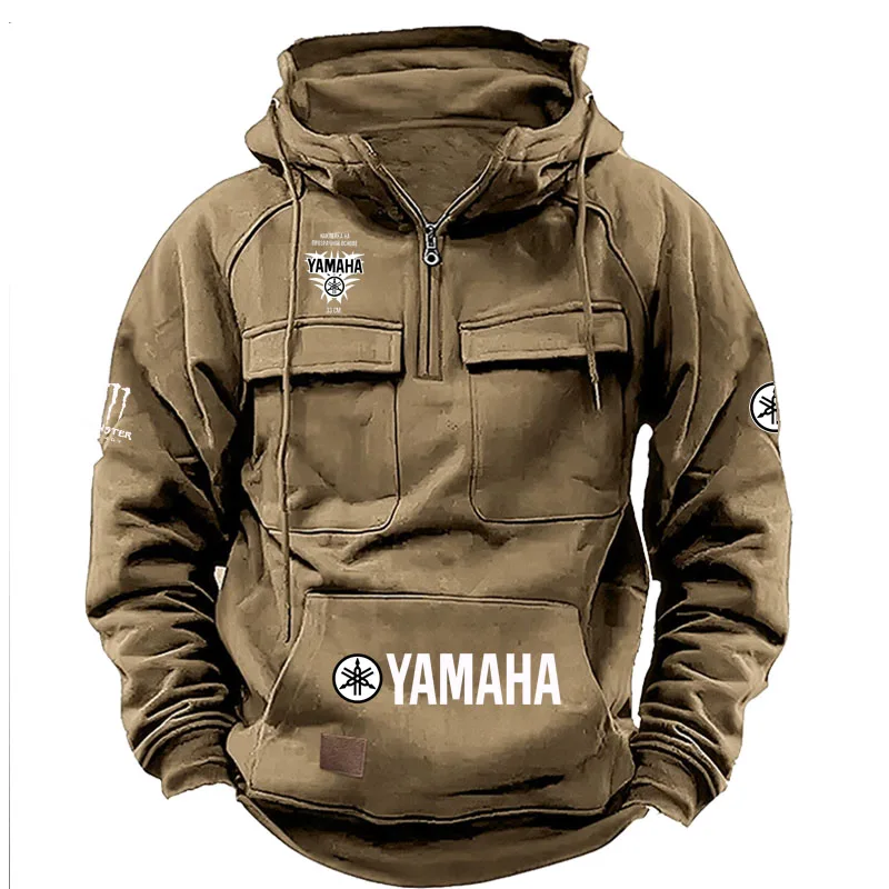 Фото Мужская свободная толстовка с капюшоном и логотипом Yamaha, на флисовой подкладке, с множеством карманов, в американском ретро-стиле, для весны, осени и зимы, повседневная верхняя одежда №5