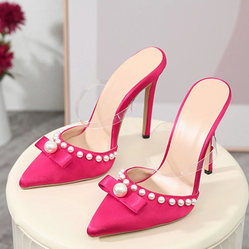 

Liyke Sexy Pointed Toe 12CM High Heels Mules Women Shoes Slippers Fashion Pearl Design Bowknot Pumps Sandals Party Stilettos