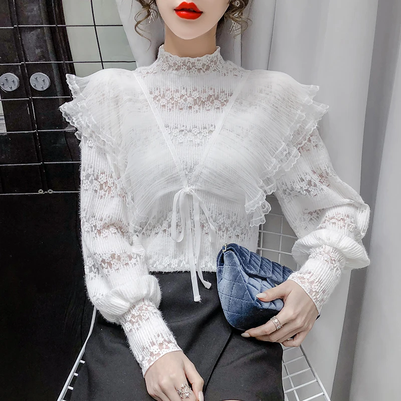 

Пуловер с высоким воротником, весна-осень, новая Корейская версия, кружевная блузка, блузка, женские топы, модные новые кружевные блузки с об...