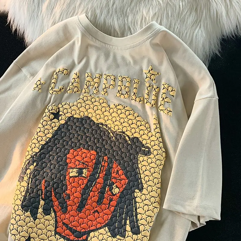 

American street hip hop short sleeve T shirt Men and women fashion retro casual loose design couple round neck top streetwear