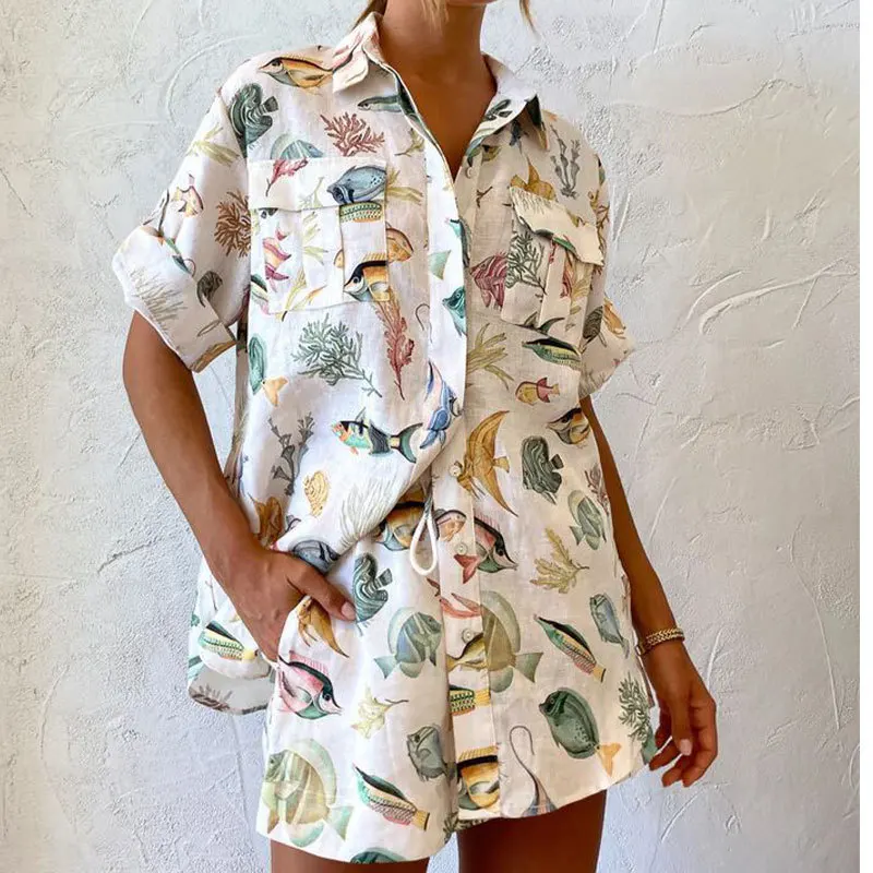 

Elegant Women Two Piece Shorts Set Vacation Outfits Y2K INS Print Short Sleeve Button Pocket Shirt Top Shorts Outfits Tracksuit