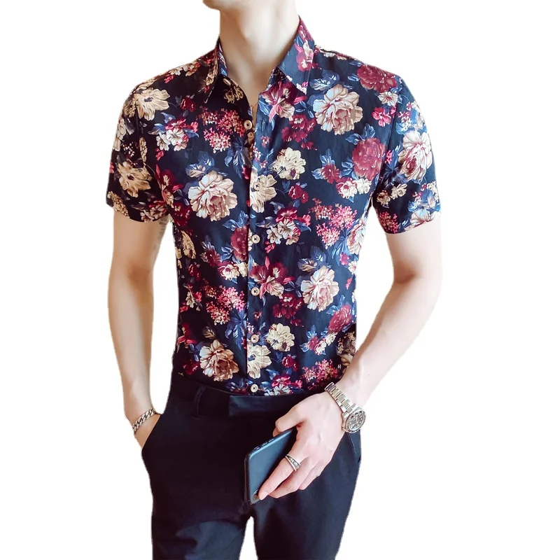 

Spring Floral Print Men Shirts Short Sleeve Mens Casual Shirt Slim Male Flower Printing Dress Shirts