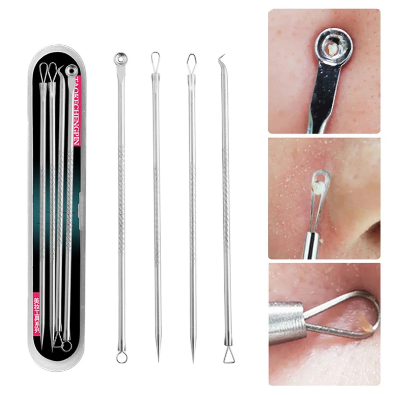 

4pcs/set Stainless Steel Blackhead Remover Tool Kit Face Massage Whitehead Pimple Spot Comedone Acne Extractor Face Massager