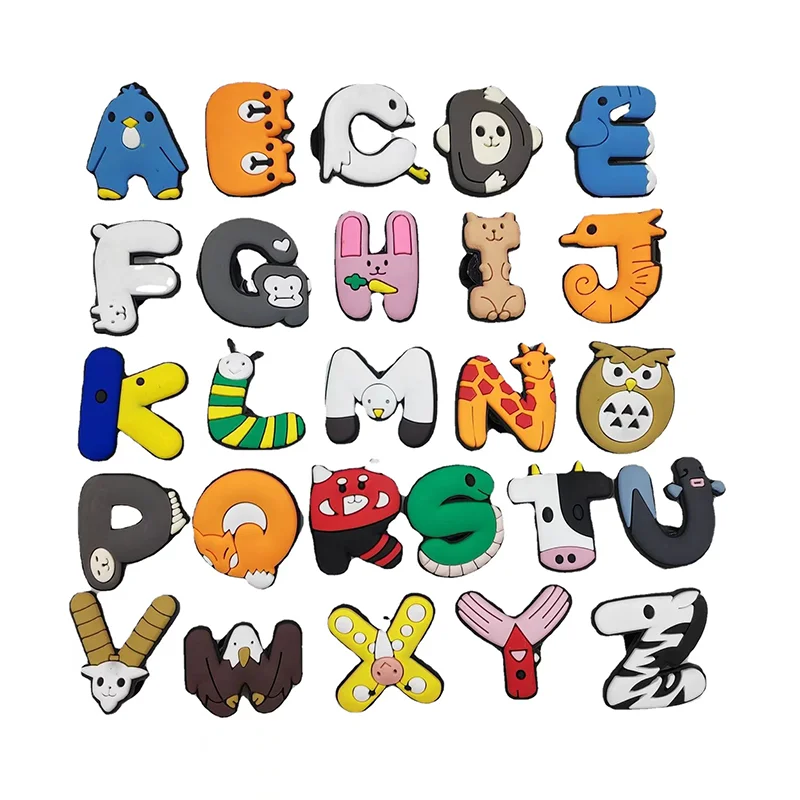 26 Pcs Animal English Alphabet Shoes Flower Shoe Charms Accessories Decorations  PVC Croc Jibz Buckle For Kids Party Xmas Gifts