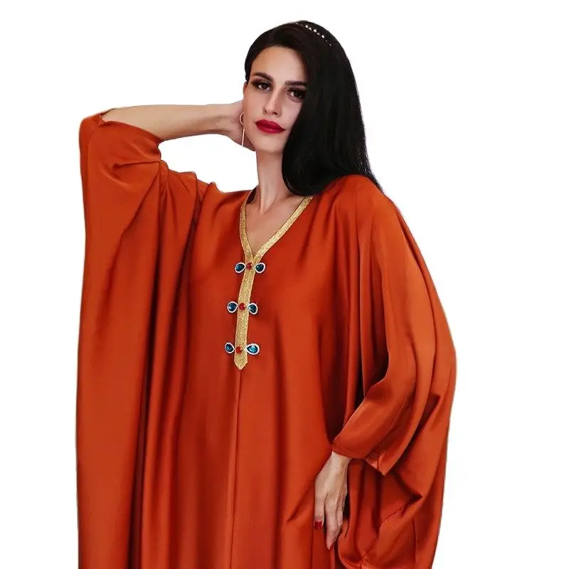 Eid Satin Dress Dubai Abaya Kaftan Women Handsewn Diamond Long Batwing Sleeve Hijab Dresses Muslim Islam Turkey Clothes Orange