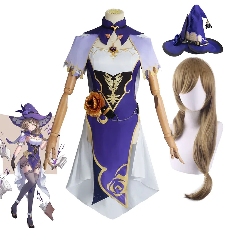 

Genshin Impact Costume Lisa Minci Cosplay Dress Rose Witch Lisa Wig Headgear Woman's Magician Uniform Skirts Hat Accessories