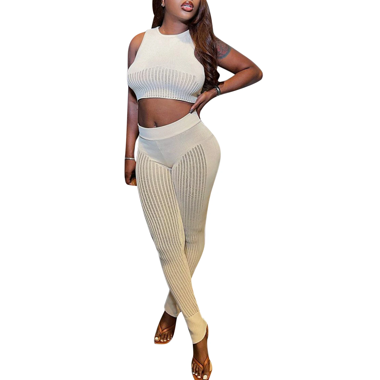 

Women Casual 2Pcs Suit Ladies Solid Color Stretch Slim Round Neck Sleeveless Crop Tops High Waist Tight Cut Out Leggings Pant