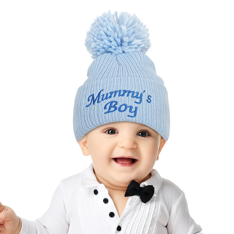 

2022 New Autumn And Winter Baby Hat Embroidered Letter Hair Ball Knit Cap children's Winter Hat Wool Cap