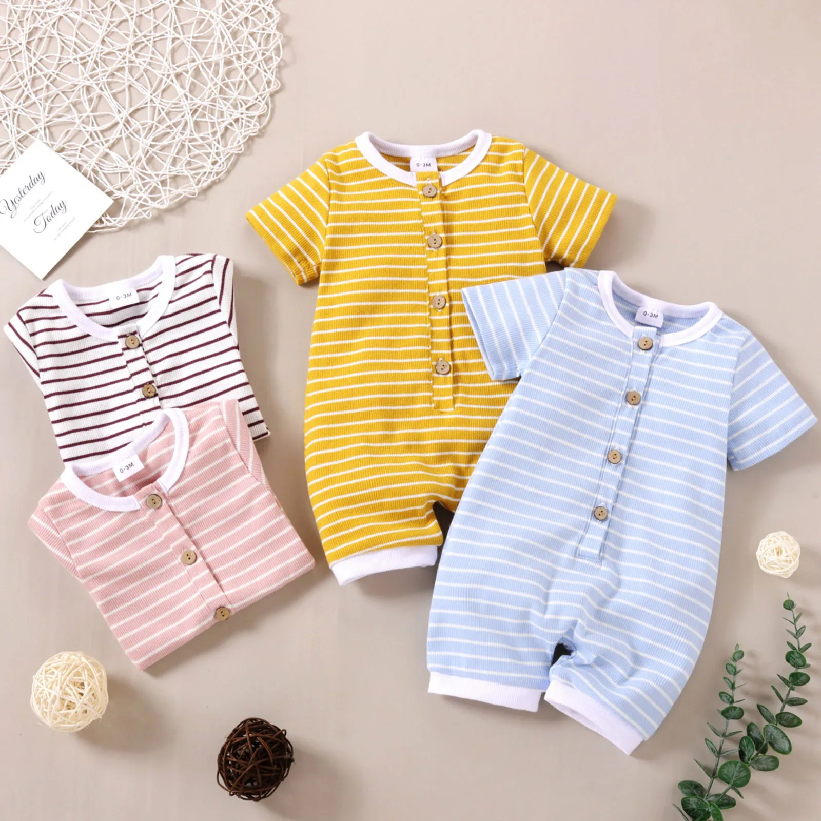 

Infant Baby Romper Shorts Sleeves Boy Girl Baby Clothes Button Stripe Ribbed Jumpsuit Casual Summer Toddler Rompers For Newborn