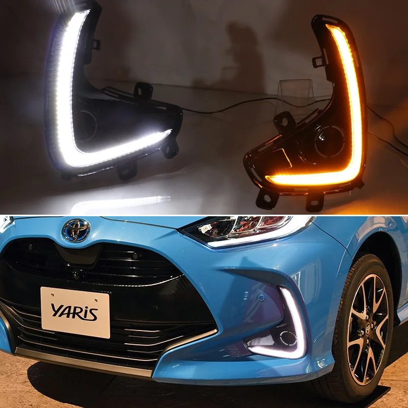Фото Автомобильные светодиодные DRL 12 В дневные фонари для Toyota Yaris 2020 2021 желтый указатель поворота дневные ходовые фары авто дальние фары противотуманные фары №3