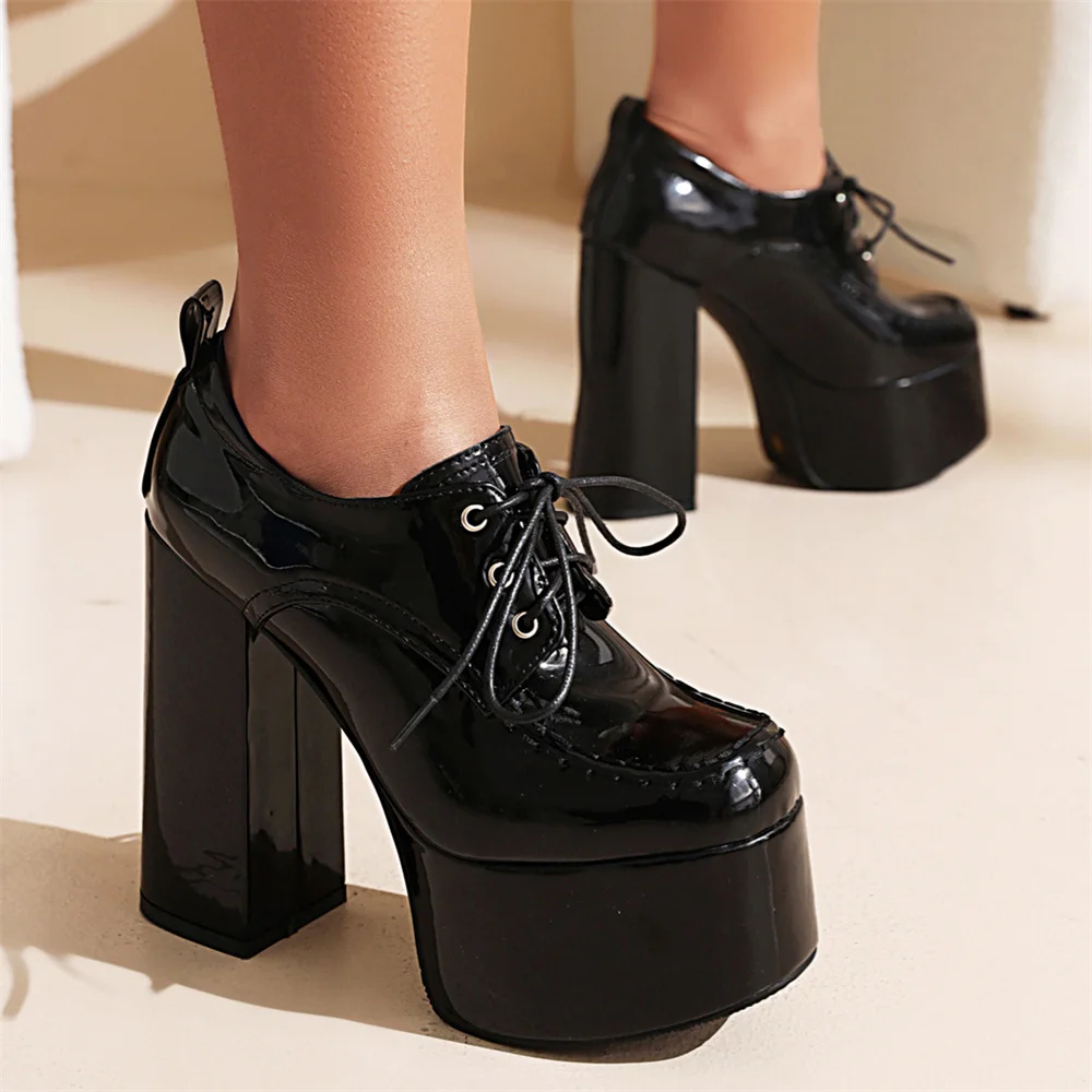 

Platform Women Shoes 2022 Luxury Black High Heels Punk Fashion Plus Size Stripper Nightclub Anterior Front Lace Up Shoes