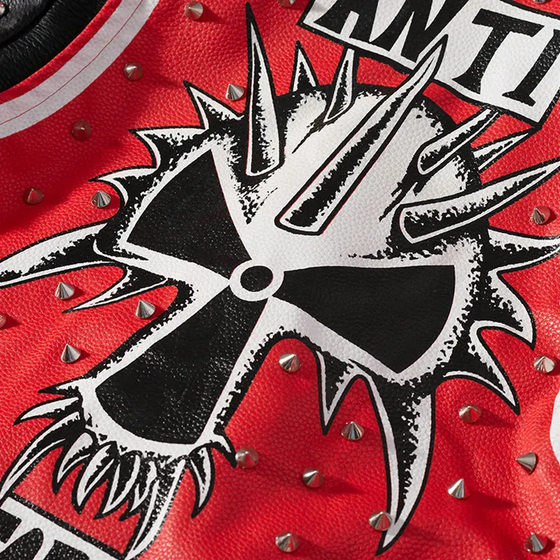 New Street Trend Short Slim Motorcycle Long Sleeve Graffiti Red and Black Leather Jacket