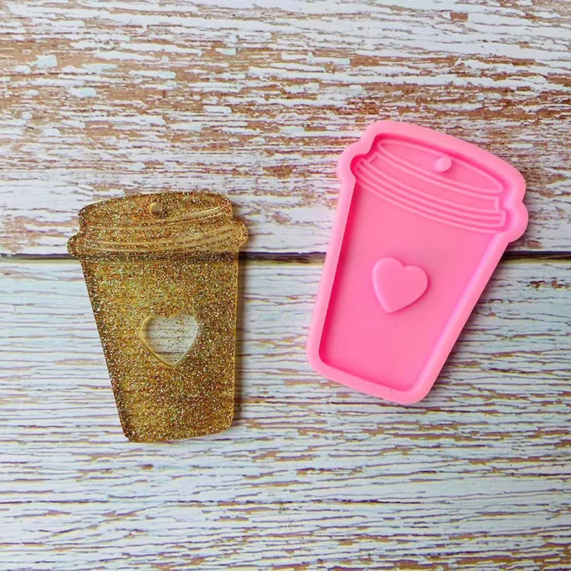 

Coffee Cup Shape with Love Heart Keychain Silicone Mold with Hole Fondant Mold Epoxy Resin Molds