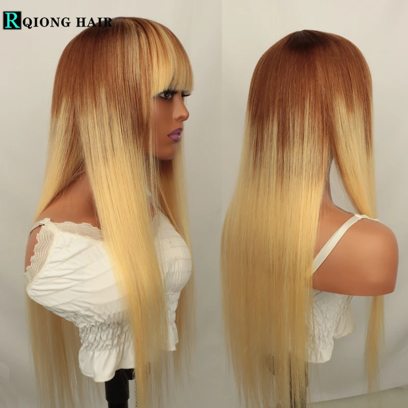 

Парики из натуральных волос с челкой, бразильские, медовые, светлые, с эффектом омбре, для женщин, прямые