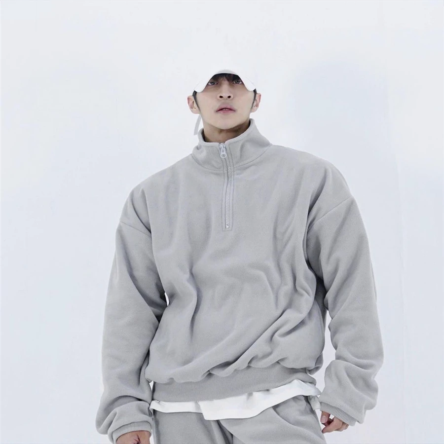 

Fall/Winter 2021 Polar fleece sports sweatshirt Polo collar Loose Embroidery Shoulder Fitness Hoodies high street M-3XL