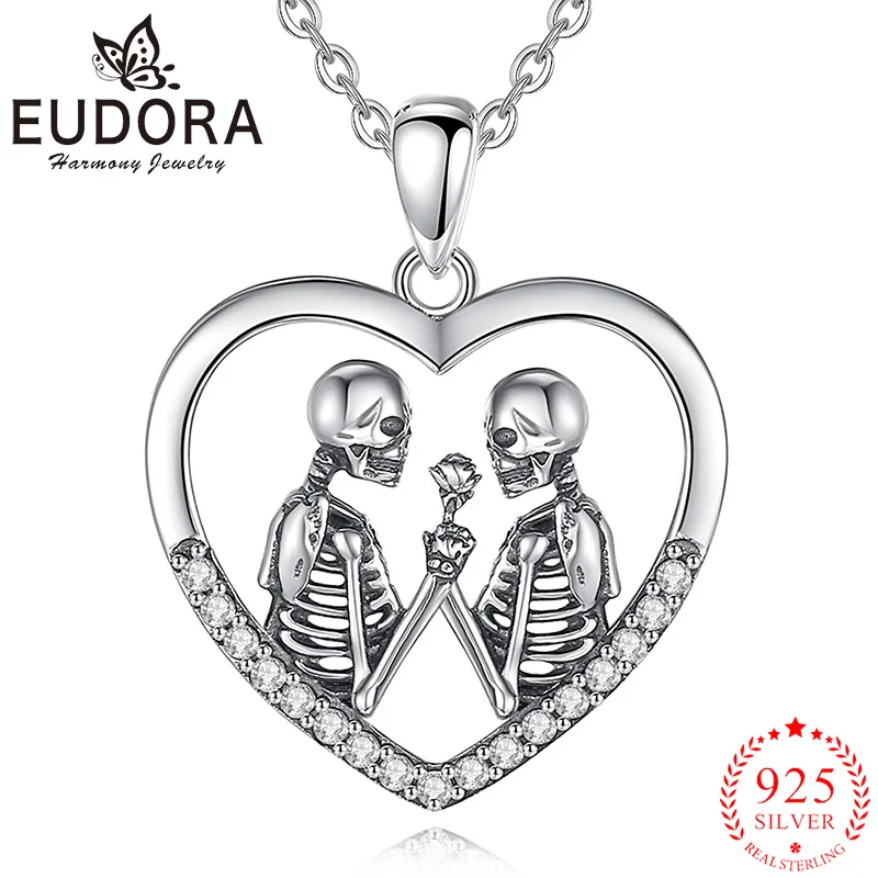 

Eudora 925 Sterling Silver Skeleton Necklace Skulls Rosette inlay Zircon Heart Pendant Personality Couple Jewelry for Men Women