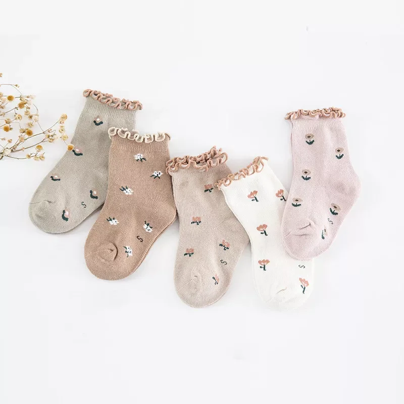 

New Floral Embroidery Fungus Edge Socks Newborn Baby Cotton Knit Kids Short Socks Toddler Girls Children Tube Princess Socken