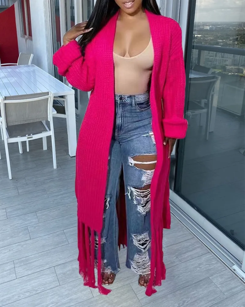 

Women Coat Fashion Long Tassel Cardigan Belt Long Sleeve Loose V-neck Fashion Solid Color Autumn And Winter Coat Knitting