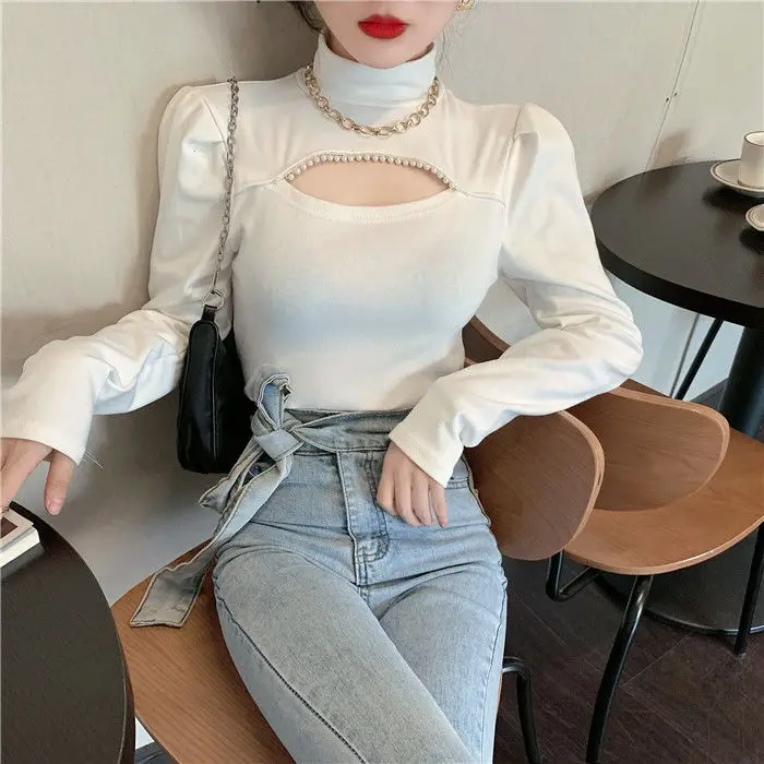 Женские футболки топ с бисером для женщин осенне-зимние розовые длинным рукавом |