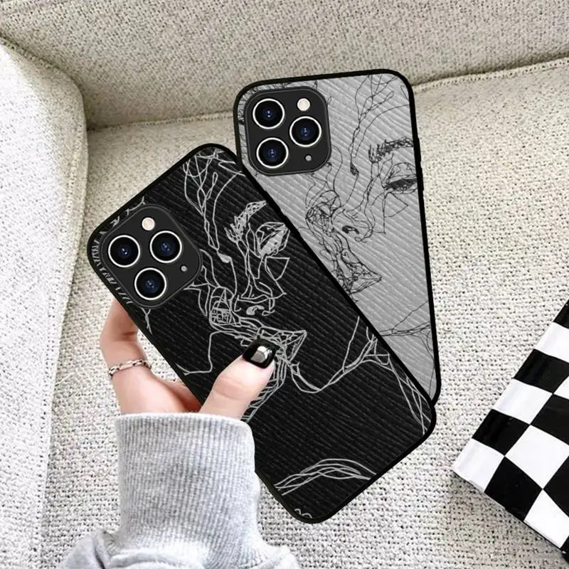 

RuiCaiCa Abstract Line Women Face Phone Case Hard Leather Case for iPhone 11 12 13 Mini Pro Max 8 7 Plus SE 2020 X XR XS Coque