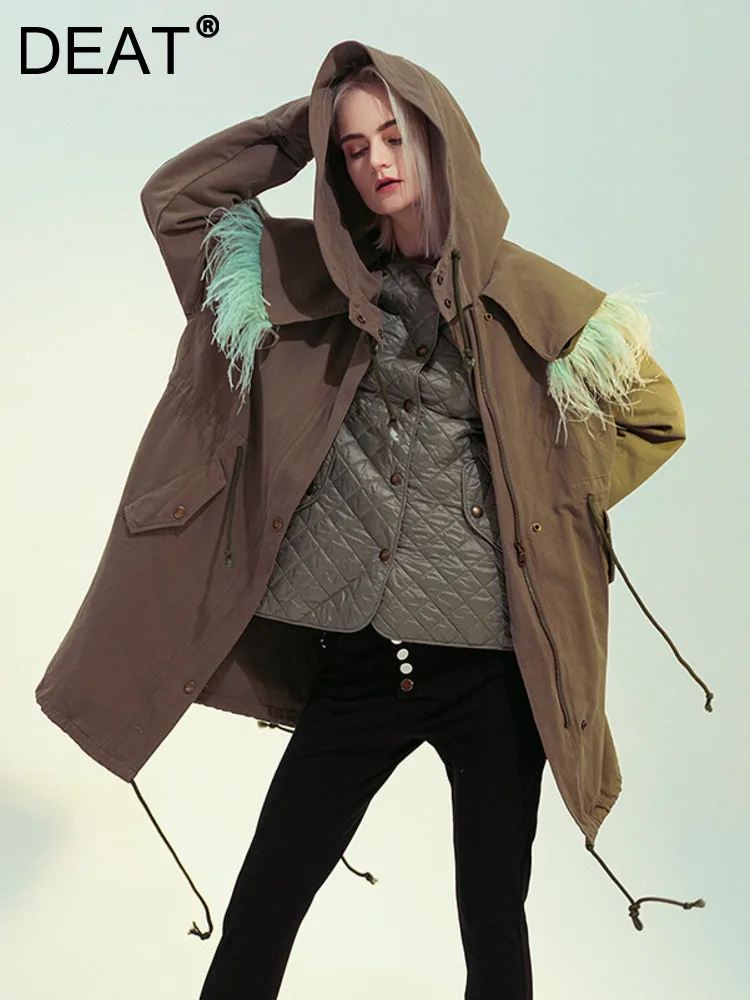 

Женская куртка с капюшоном DEAT, теплая хлопковая куртка со съемным страусиным ворсом и длинным рукавом, осень 2022
