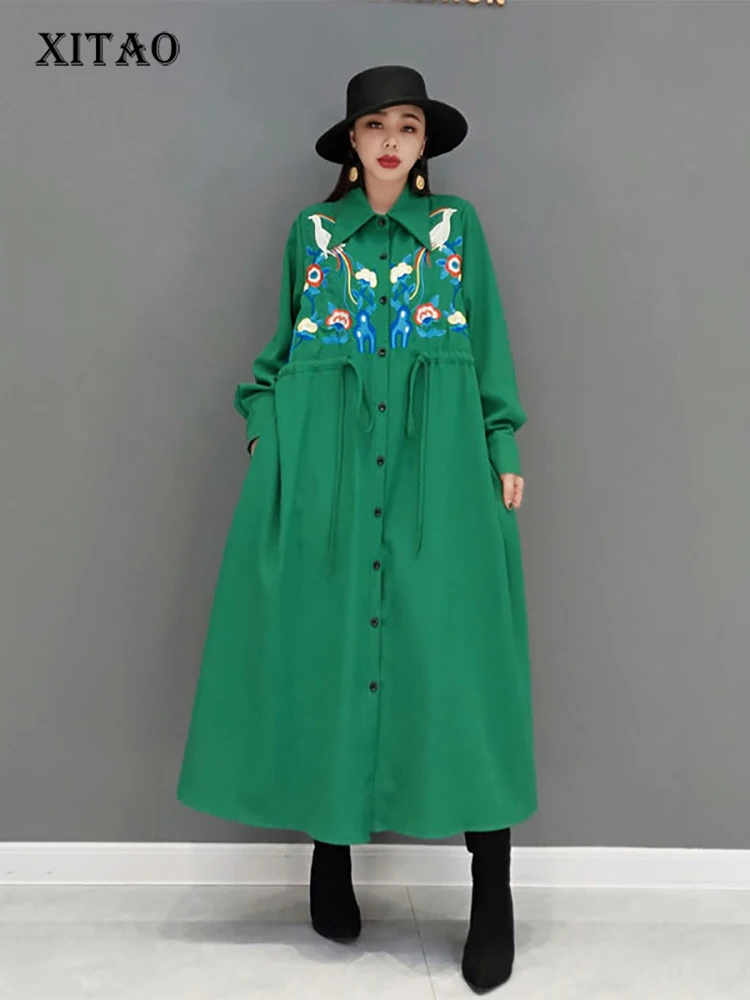 

XITAO Embroidery Shirt Dress Loose Bandage Temperament Turn-down Collar Contrast Color Splicing Women 2022 Spring New WMD4655