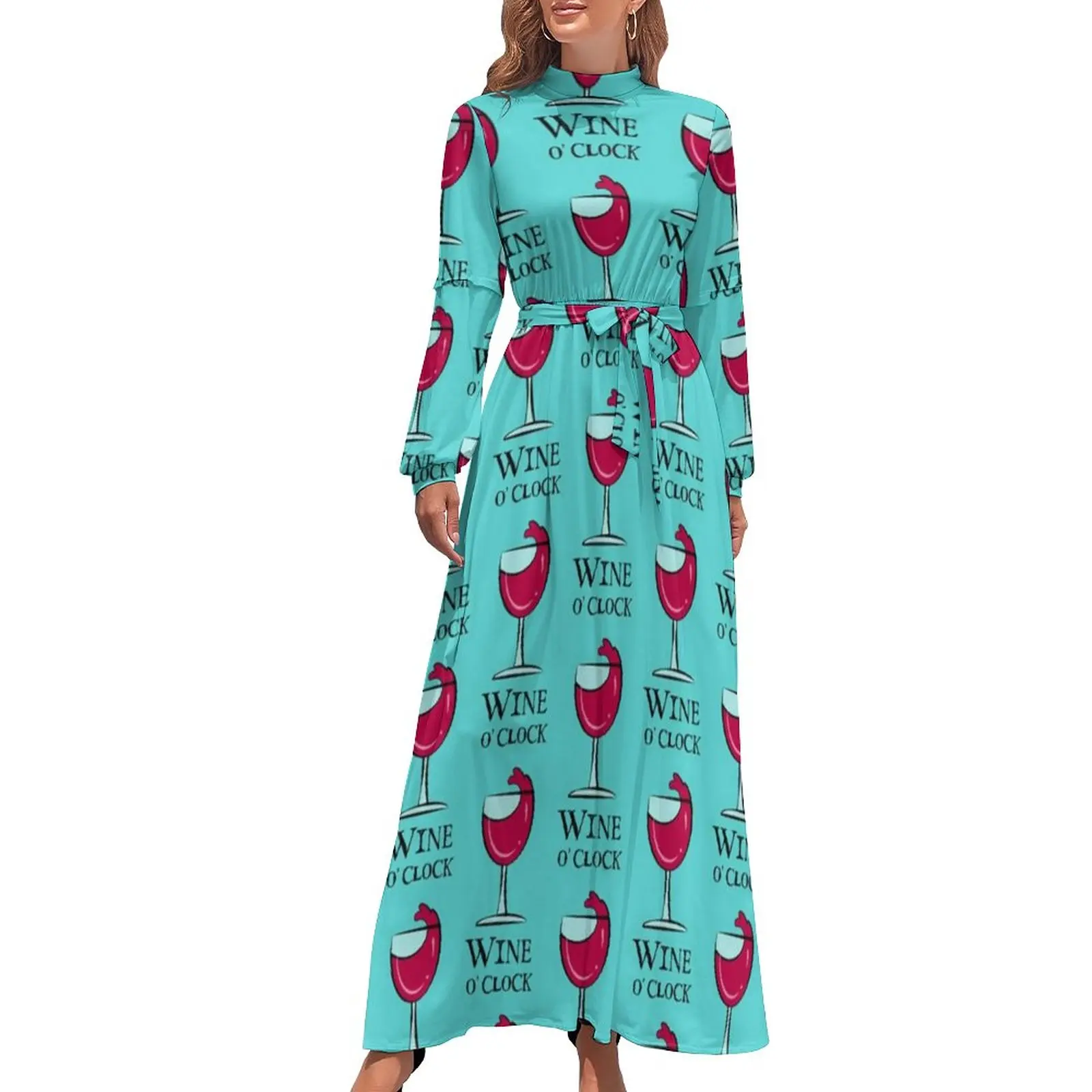 

Red Wine Dress Long Sleeve Funny Wine Print Elegant Maxi Dress High Waist Street Fashion Print Bohemia Long Dresses Gift Idea