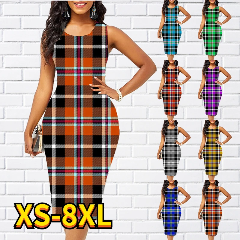 

Женское платье в клетку без рукавов, повседневное прямое платье до колен с 3D-принтом и круглым вырезом, модель 2022 на лето