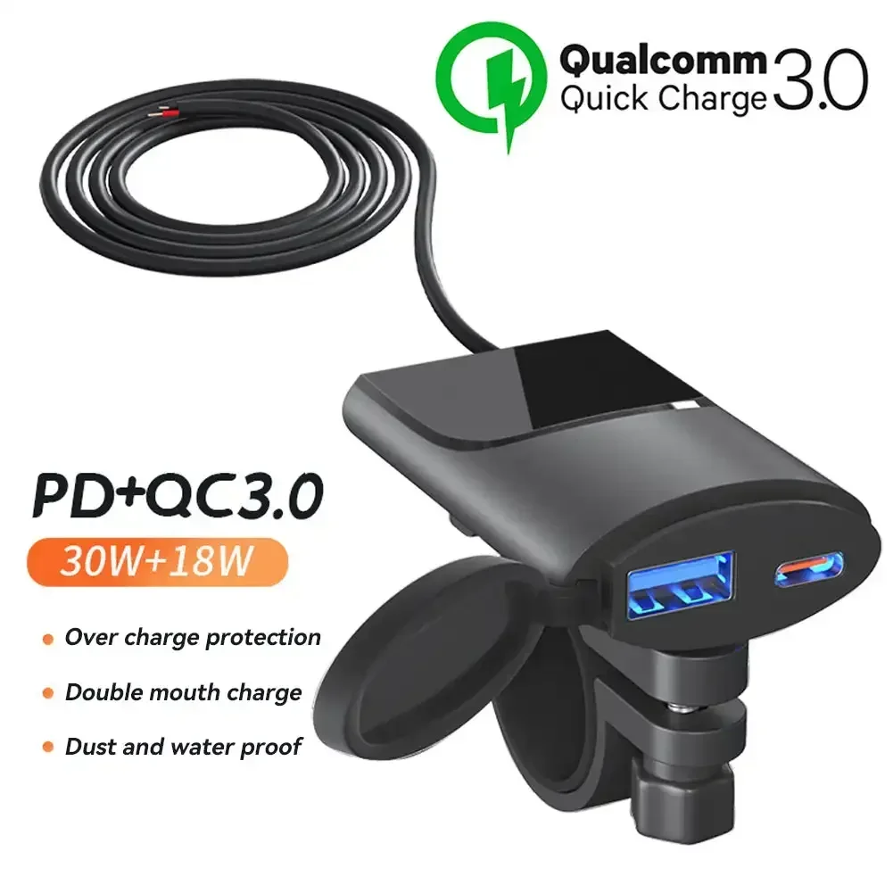 Быстрое зарядное устройство USB для мотоцикла 12 В-24 В 30 Вт PD + QC3.0 Type-C IP67