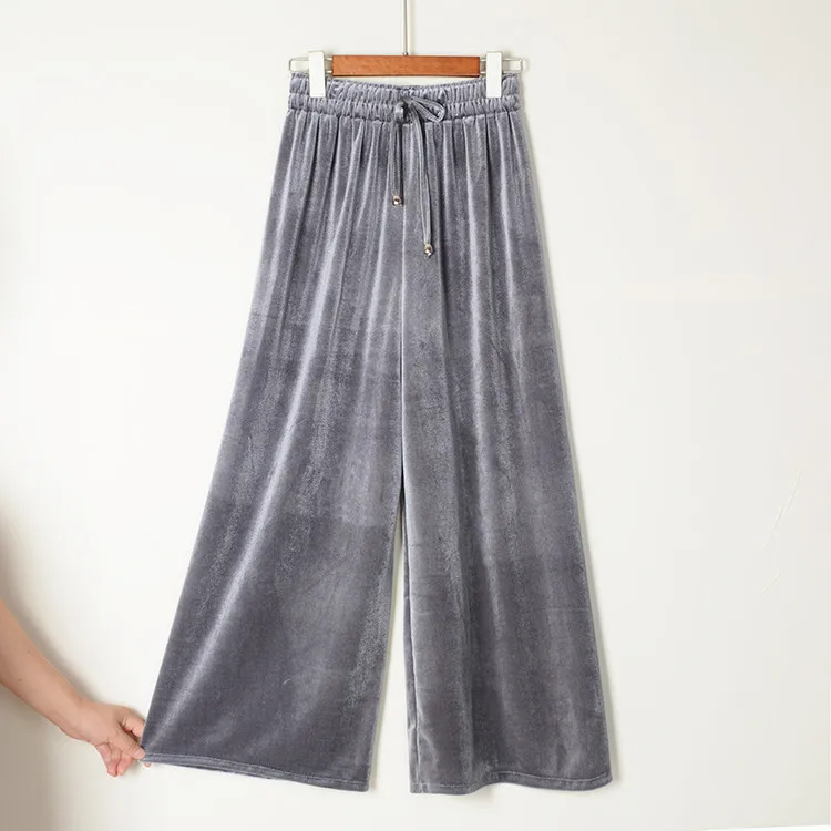 

Winter Women Elastic High Waist Wide Leg Pants Loose Silver Grey Warm Pleated Metal Loose Fluffy Soft Lace Up Pants Hot Sale