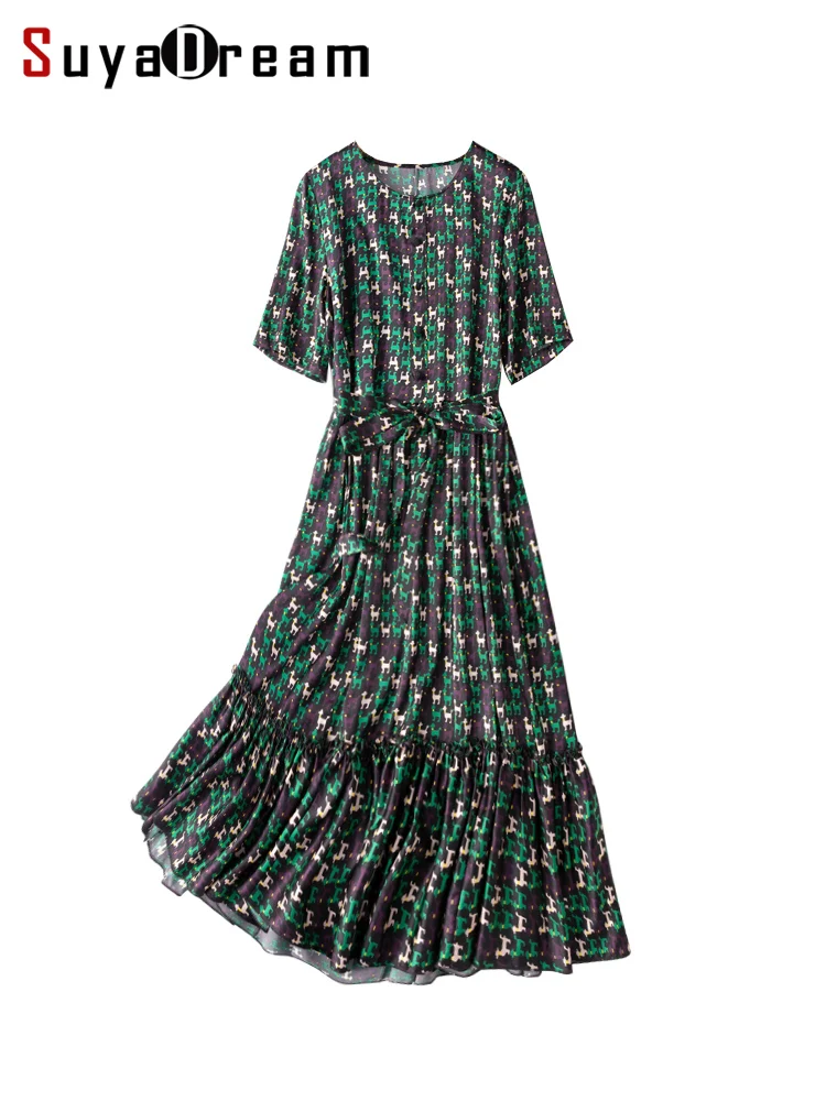 

SuyaDream, женское платье средней длины с принтом, 92% шелк, 8% спандекс, круглый воротник, оборки по низу, платья с поясом, 2022, весенне-летняя одежда ...