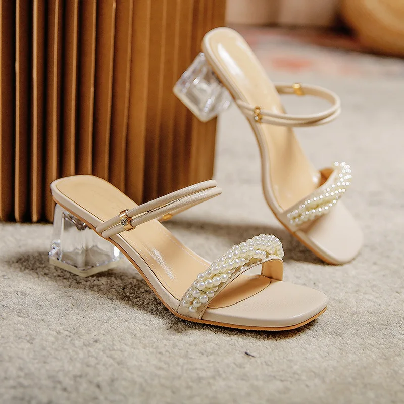 

Sandals women's 2022 beaded crystal bottom a pedal thick high-heeled shoes women's square head with a word outside wear slippers