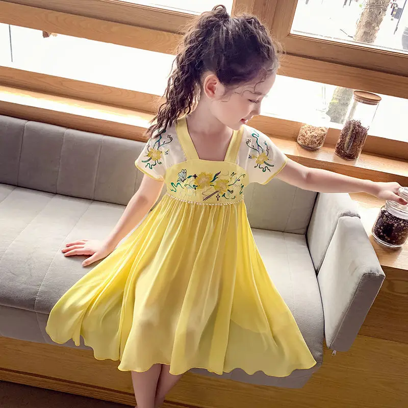 

Summer Hanfu Costume for Girls Elegant Short Sleeve Coat Girl Clothes Chinese Hanfu Dress Yellow Pink Dance Wear