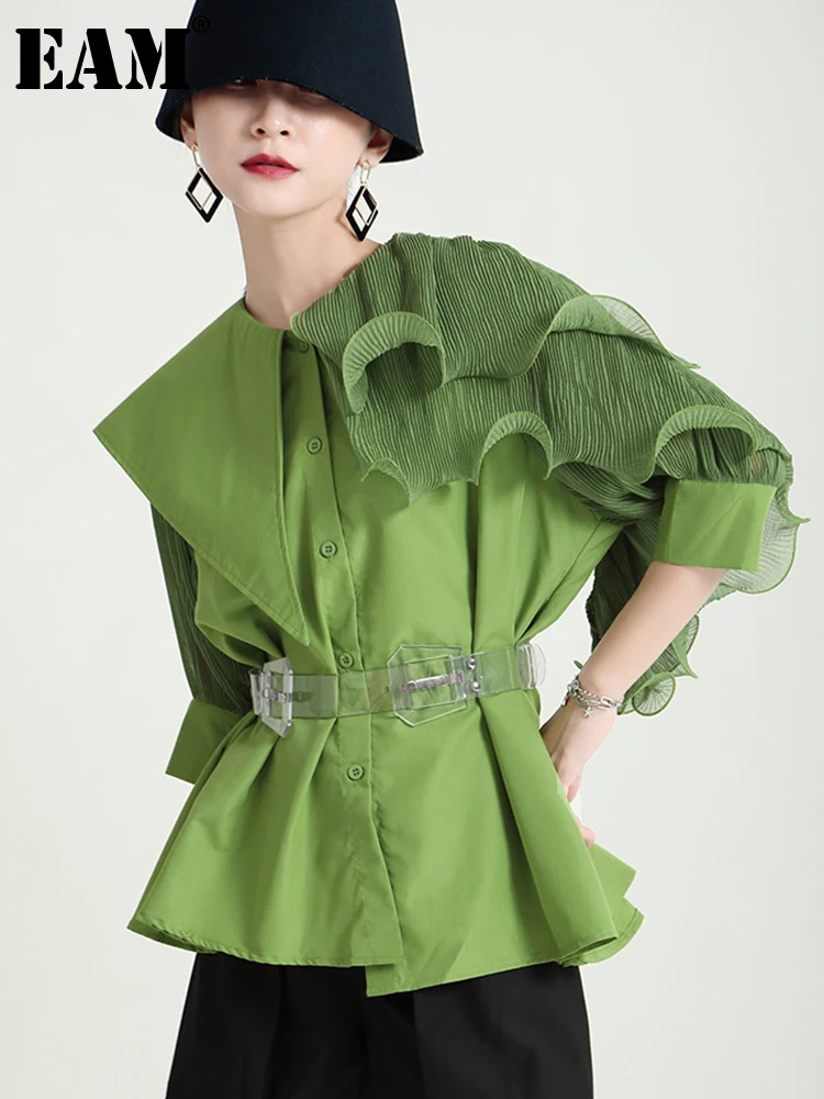 

[EAM] Women Green Ruffles Big Size Irregular Blouse New Lapel Half Sleeve Loose Fit Shirt Fashion Spring Summer 2023 1DE0062