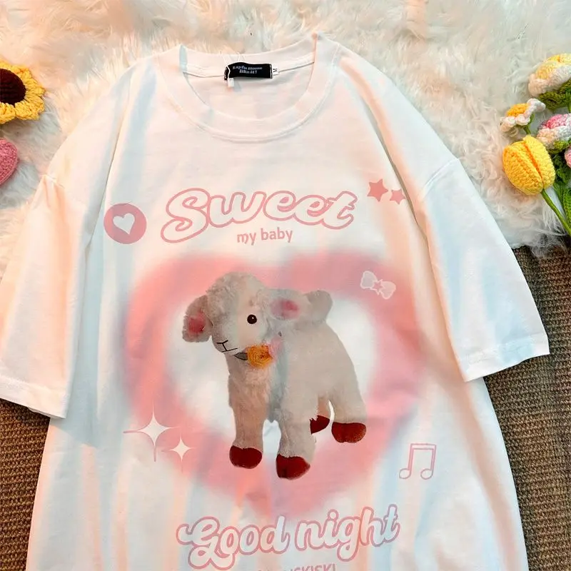 

American Retro Little Lamb Love Print Short Sleeved Men and Women Ins Summer Loose Casual Couple Outfit Pure Cotton Y2k Clothes