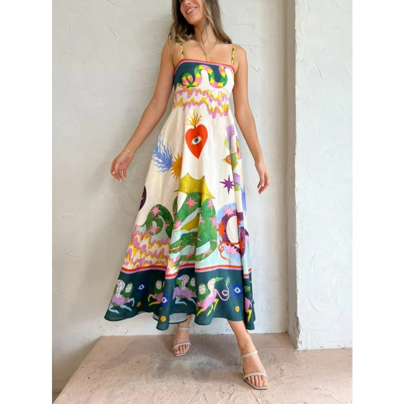 

2023 New Linen High Quality Spring Summer Beach Style Casual Multi-color Sleeveless Square Neck Woman Midi Dress