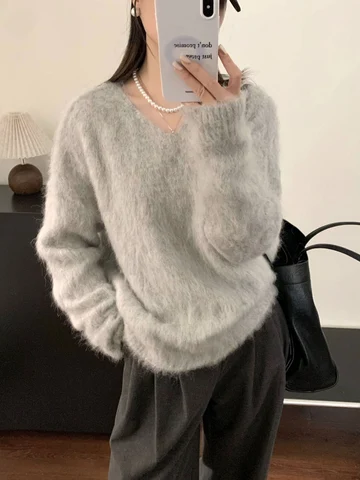 Женские теплые пуловеры из альпаки SuyaDream, V-образный вырез, свободные свитера из 59% альпаки, осенне-зимний топ 2024, белый, розовый