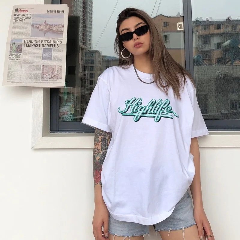 

White Loose Fashion Brand Fashion Letter Printing Short Sleeve Oversized T-shirt Women Round Neck American Vintage Casual Tops